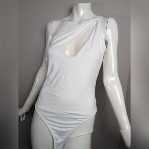 White stretch One shoulder cut out bodysuit Shein